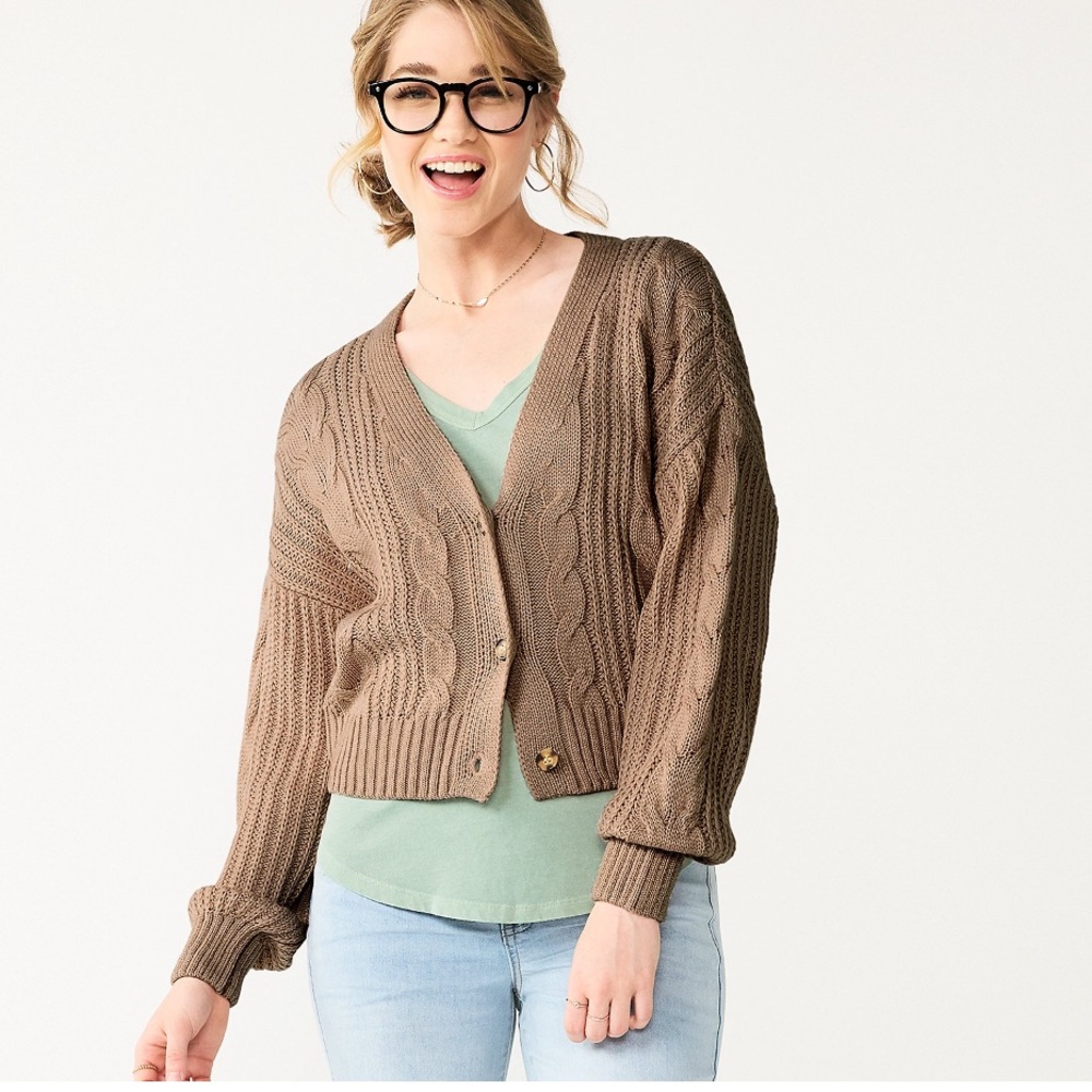 •SO•BROWN BOHO CHUNKY CABLE KNIT 3-BUTTON V NECK CARDIGAN SIZE LARGE EUC